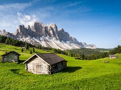 Alpine meadow, alpine hut, mountains, Unesco Heritage, Geisler, Odle